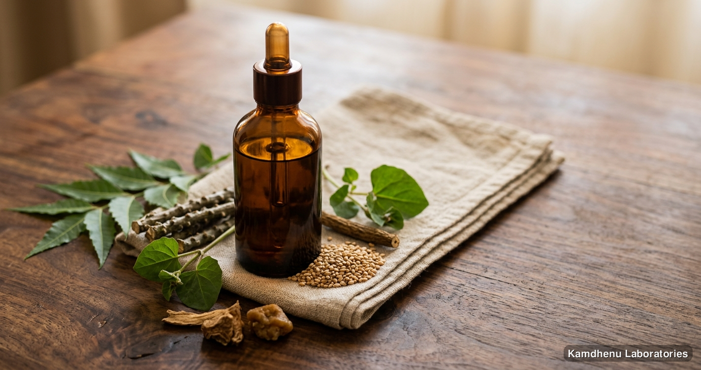 Ayurvedic oil — Mahavishgrabha Taila | 100 ml featuring neem, giloy, punarnava, photographed in a wellness setting