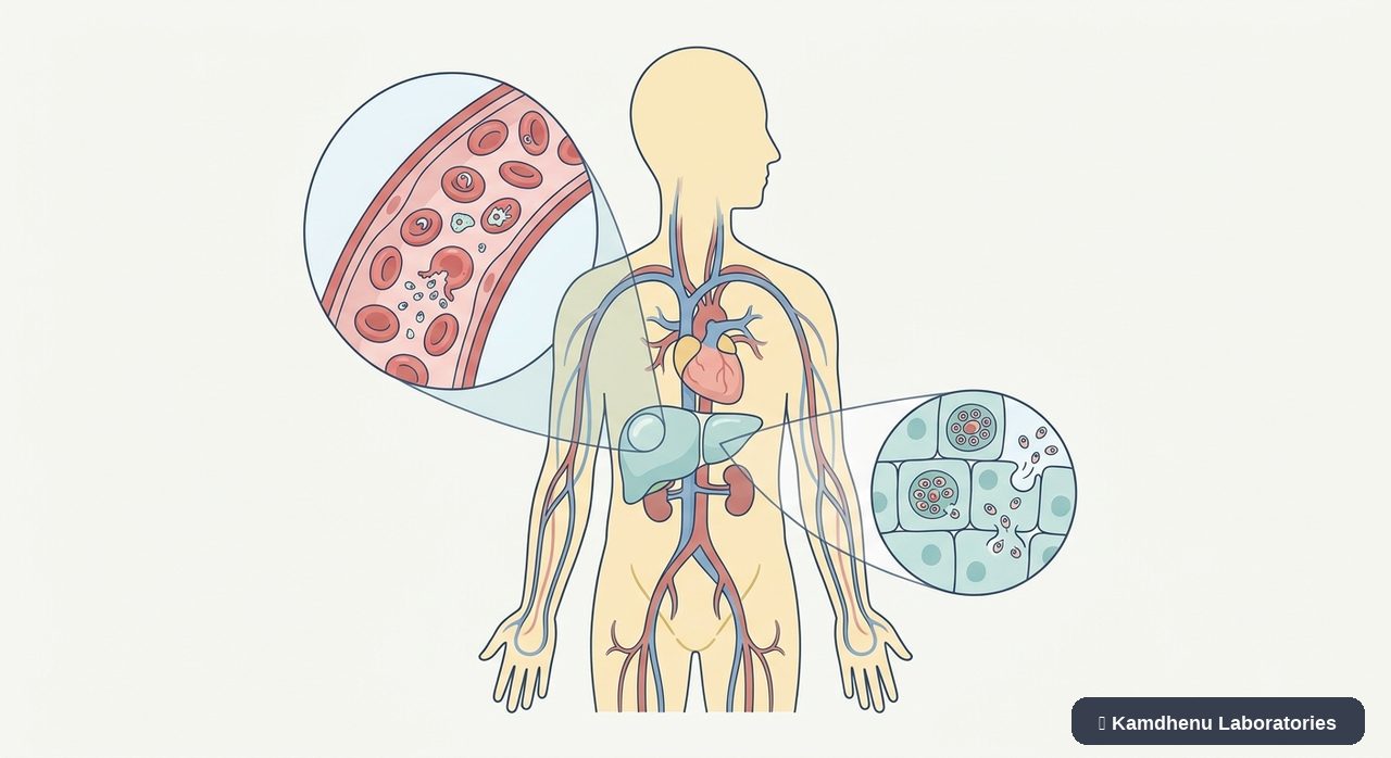 Editorial illustration representing Malaria for the Kamdhenu Laboratories educational wellness blog.
