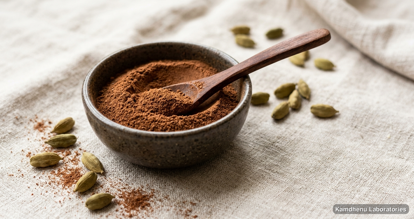 Ayurvedic powder — Manjishtadi Churna | 250 GM featuring elaichi, photographed in a wellness setting