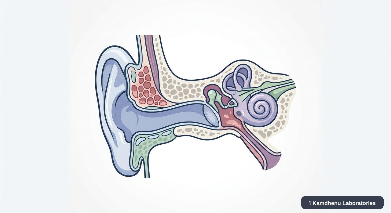 Editorial illustration representing Mastoiditis for the Kamdhenu Laboratories educational wellness blog.