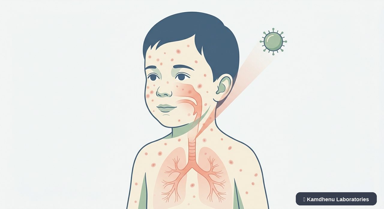 Editorial illustration representing Measles for the Kamdhenu Laboratories educational wellness blog.