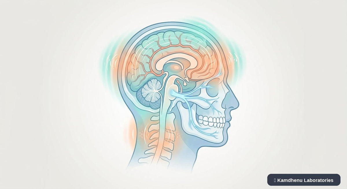 Editorial illustration representing Medication-overuse headache for the Kamdhenu Laboratories educational wellness blog.