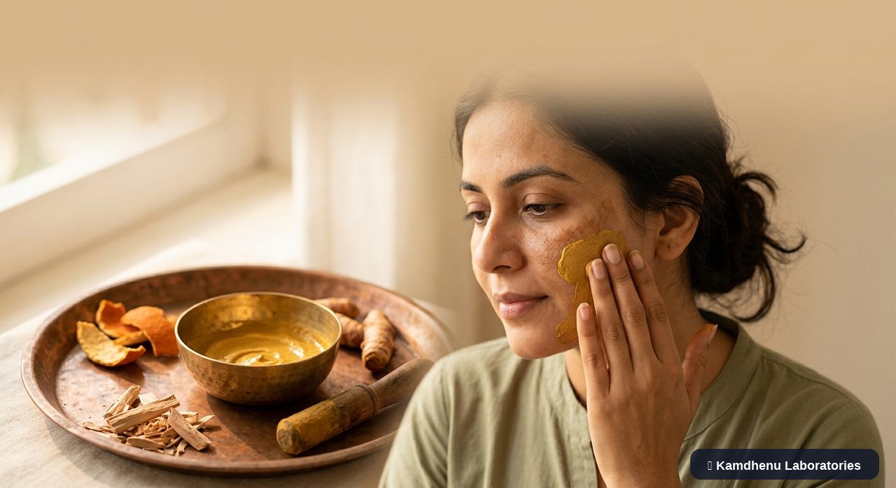 Editorial illustration representing Melasma for the Kamdhenu Laboratories educational wellness blog.