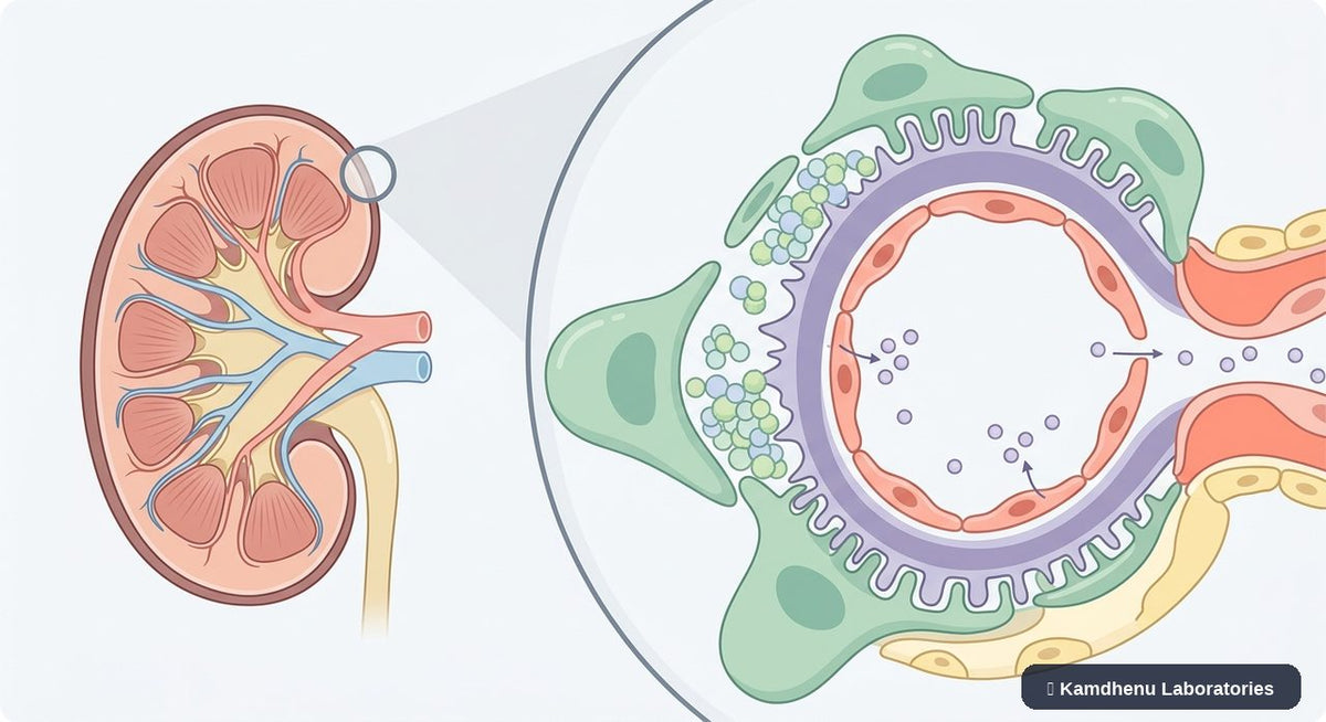 Editorial illustration representing Membranous nephropathy for the Kamdhenu Laboratories educational wellness blog.
