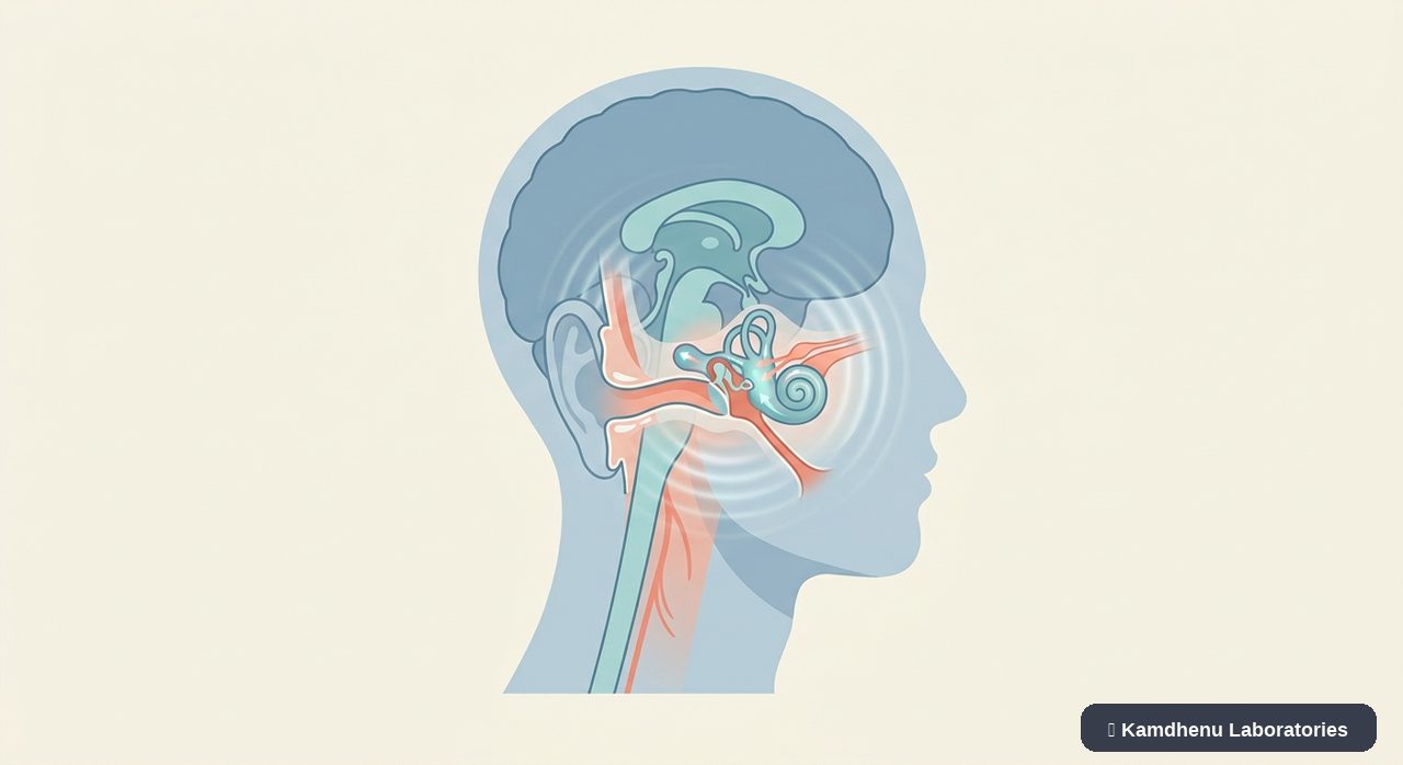 Editorial illustration representing Meniere's disease for the Kamdhenu Laboratories educational wellness blog.