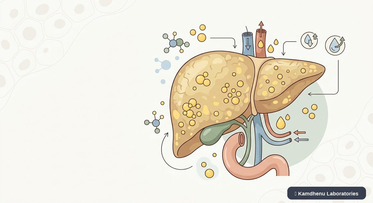 Editorial illustration representing Metabolic-associated steatotic liver disease (MASLD) for the Kamdhenu Laboratories educational wellness blog.