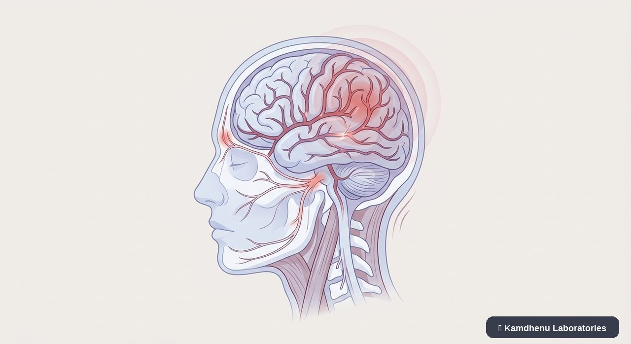Editorial illustration representing Migraine for the Kamdhenu Laboratories educational wellness blog.
