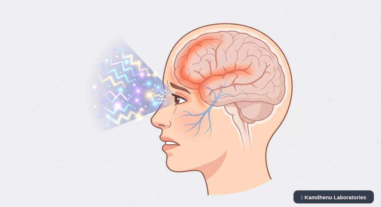 Editorial illustration representing Migraine with aura for the Kamdhenu Laboratories educational wellness blog.