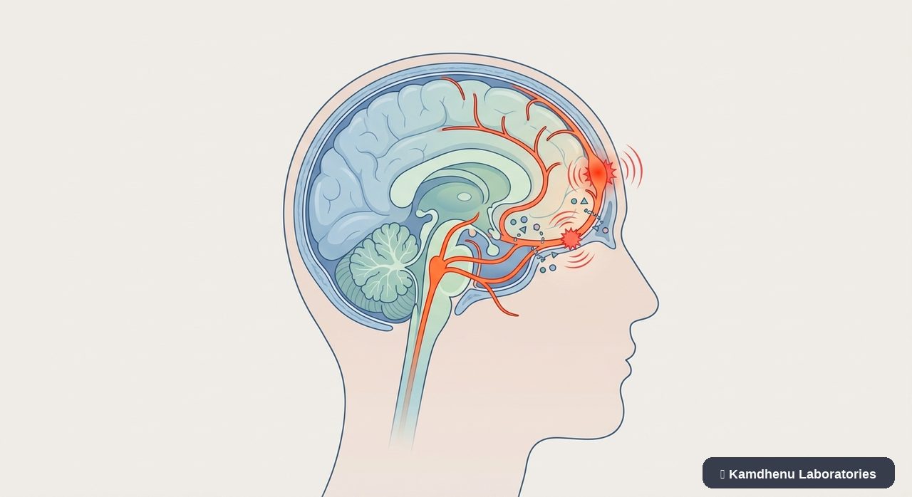 Editorial illustration representing Migraine without aura for the Kamdhenu Laboratories educational wellness blog.