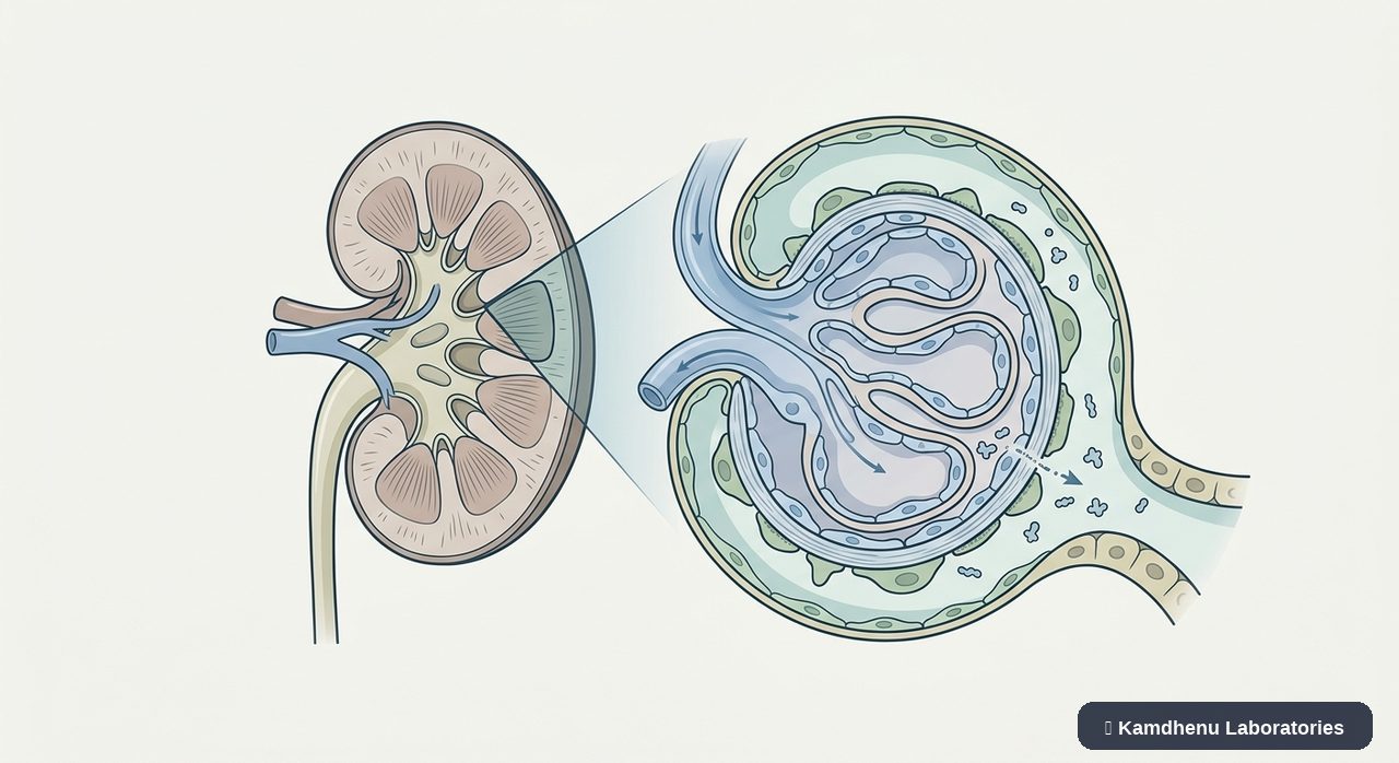 Editorial illustration representing Minimal change disease for the Kamdhenu Laboratories educational wellness blog.