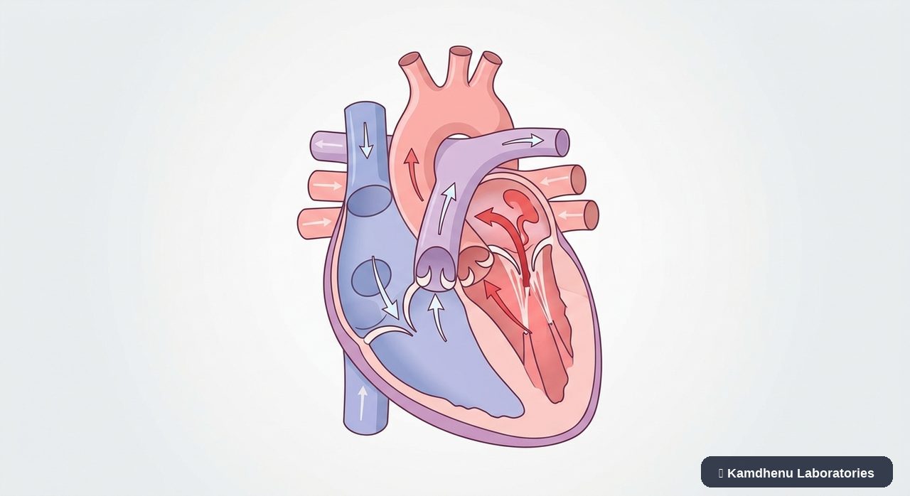 Editorial illustration representing Mitral regurgitation for the Kamdhenu Laboratories educational wellness blog.