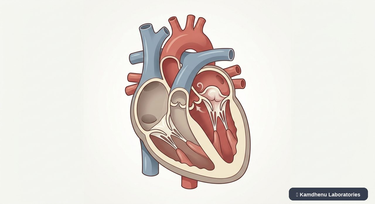 Editorial illustration representing Mitral valve prolapse for the Kamdhenu Laboratories educational wellness blog.