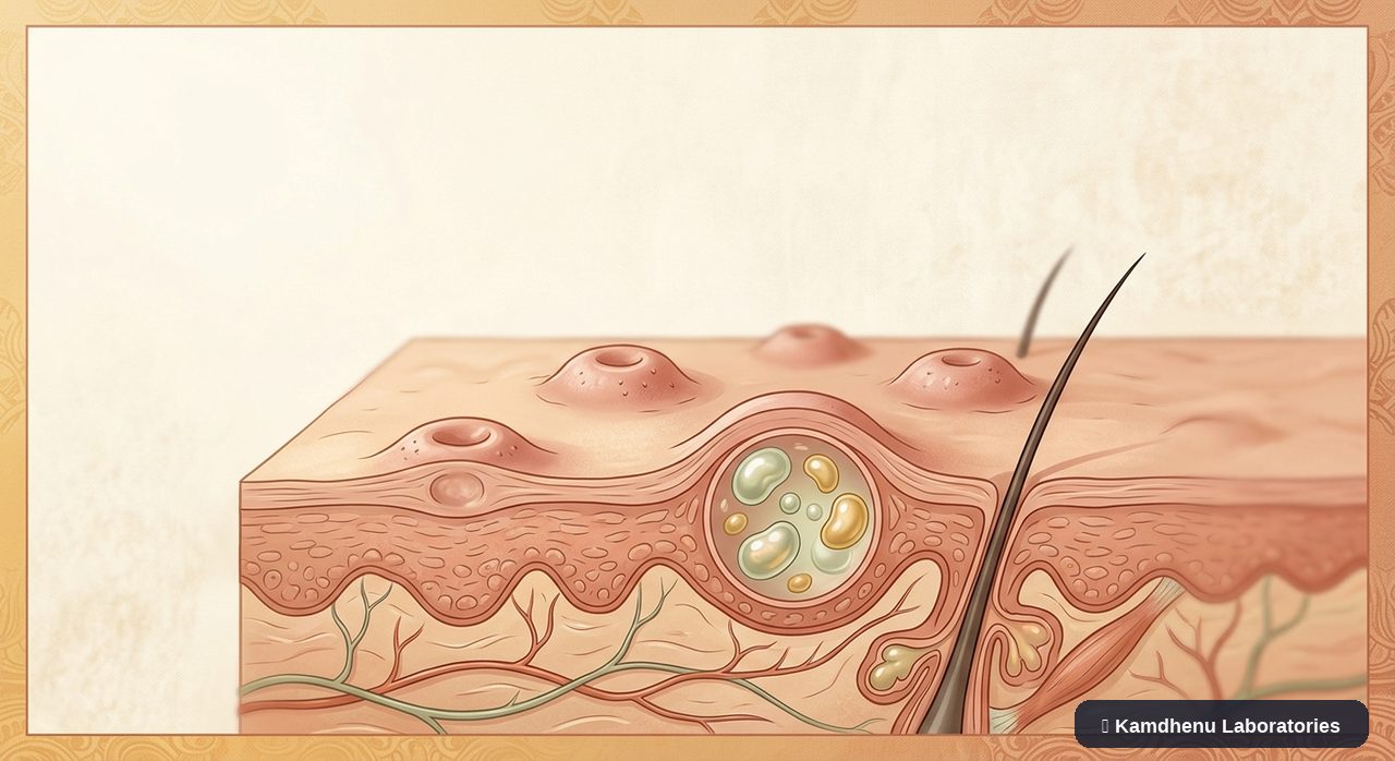 Editorial illustration representing Molluscum contagiosum for the Kamdhenu Laboratories educational wellness blog.
