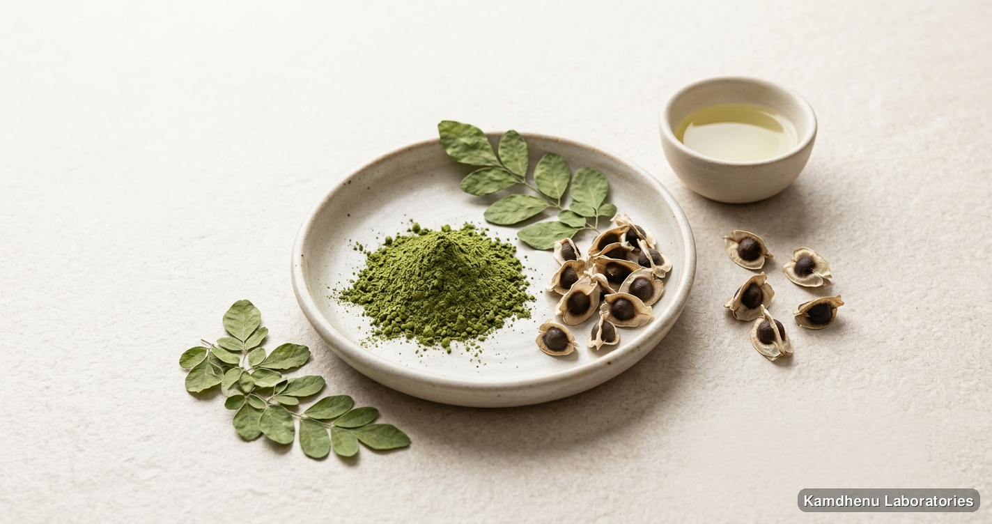 Moringa Powder — Ayurvedic powder containing moringa. Clean product photograph on a soft light background.