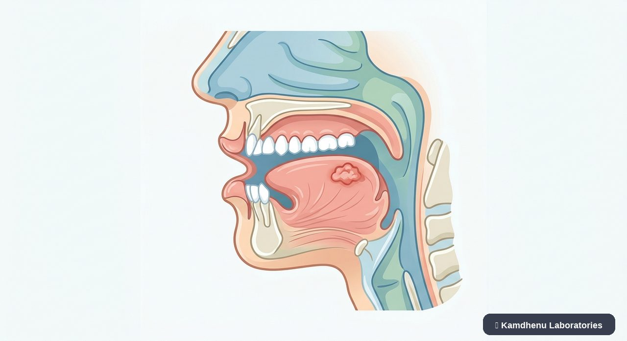 Editorial illustration representing Mouth cancer for the Kamdhenu Laboratories educational wellness blog.