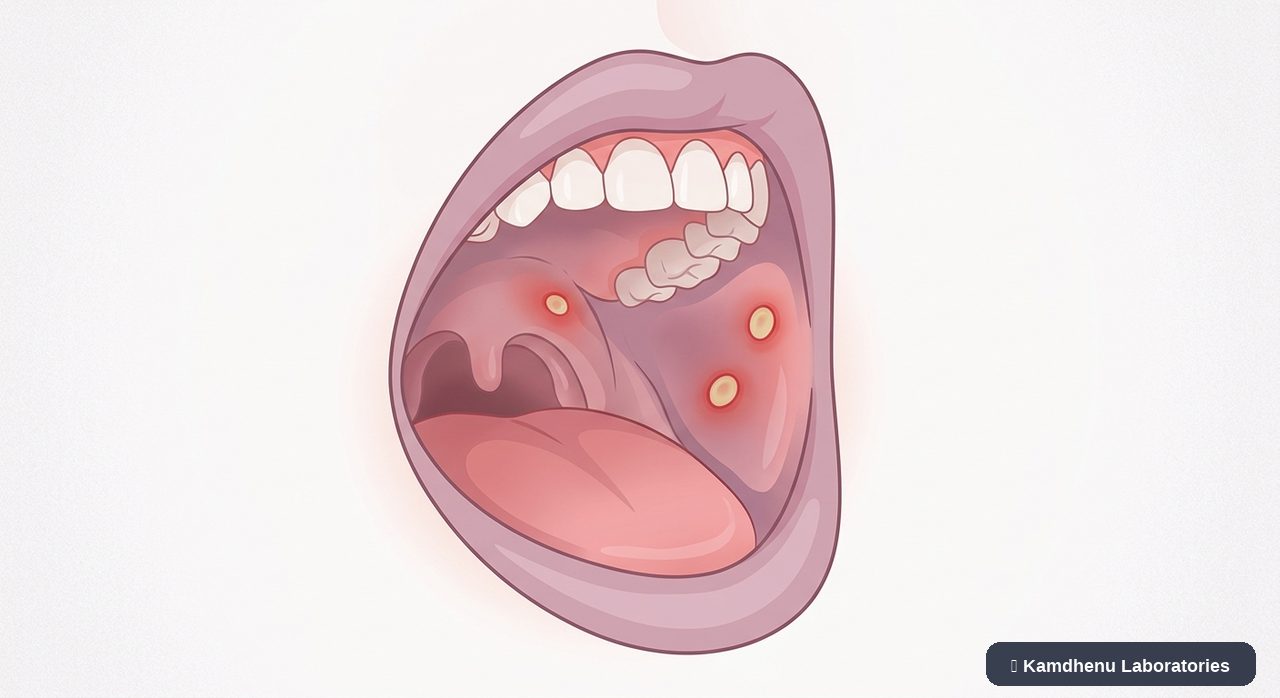 Editorial illustration representing Mouth ulcers for the Kamdhenu Laboratories educational wellness blog.
