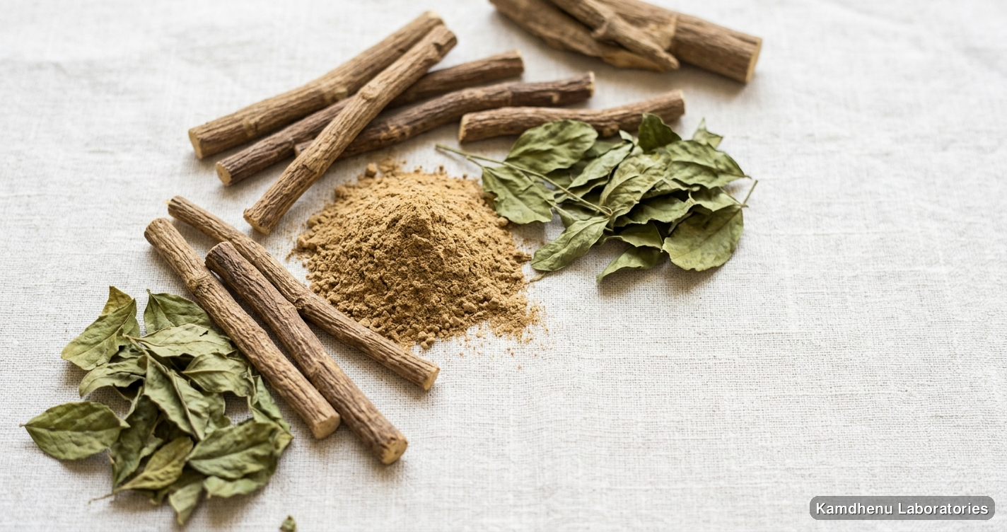 Mulethi Powder — Ayurvedic powder containing yashtimadhu, mulethi, licorice. Clean product photograph on a soft light background.