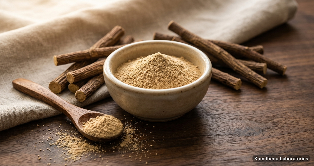 Ayurvedic powder — Mulethi Powder featuring yashtimadhu, mulethi, licorice, photographed in a wellness setting