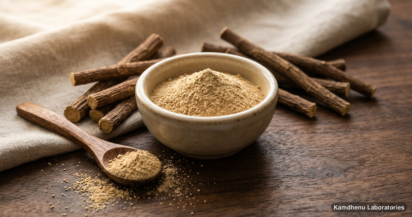 Ayurvedic powder — Mulethi Powder featuring yashtimadhu, mulethi, licorice, photographed in a wellness setting