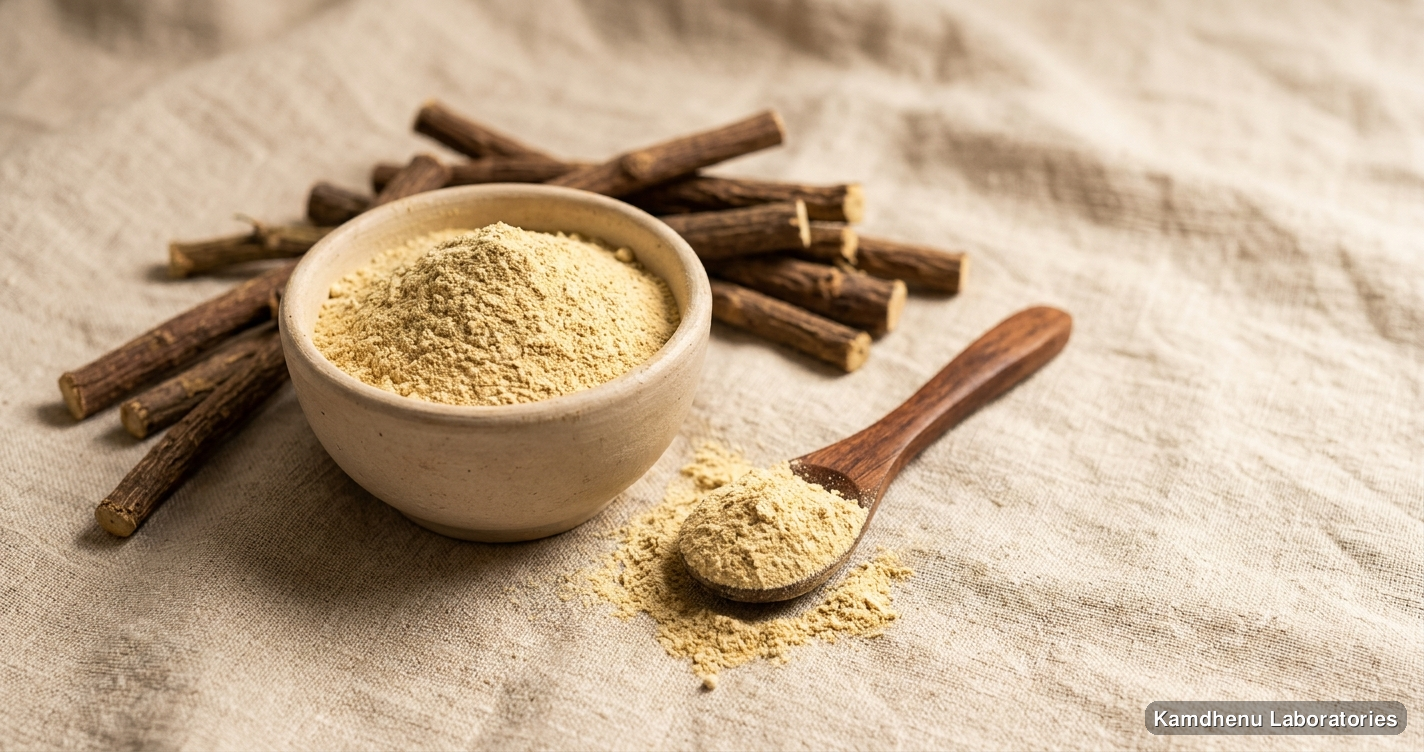 Ayurvedic powder — Mulethi Powder featuring yashtimadhu, mulethi, licorice, photographed in a wellness setting