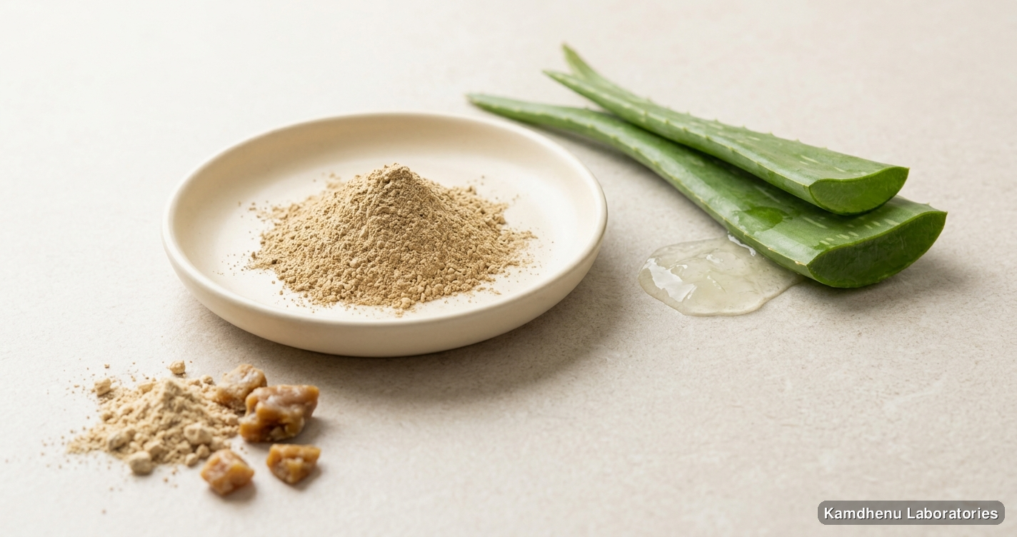 Multani Mitti Clay Powder (250 g) — Ayurvedic powder containing aloe vera, hing. Clean product photograph on a soft light background.