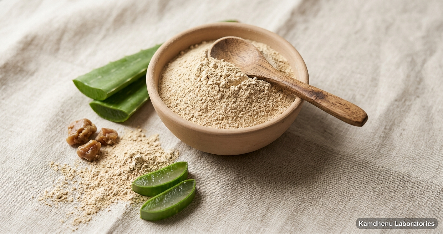 Ayurvedic powder — Multani Mitti Clay Powder (250 g) featuring aloe vera, hing, photographed in a wellness setting