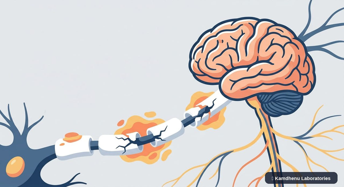 Editorial illustration representing Multiple sclerosis for the Kamdhenu Laboratories educational wellness blog.