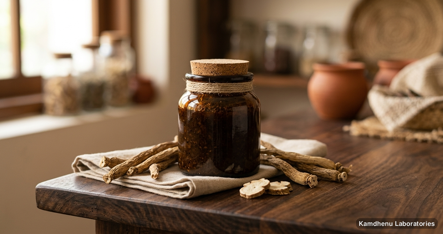 Ayurvedic product — Musali Pak | 200g featuring safed musli, photographed in a wellness setting