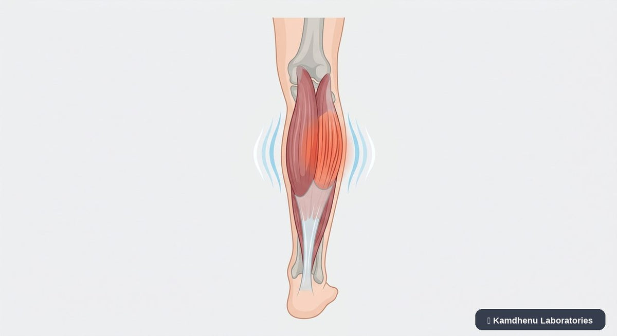 Editorial illustration representing Muscle cramps for the Kamdhenu Laboratories educational wellness blog.