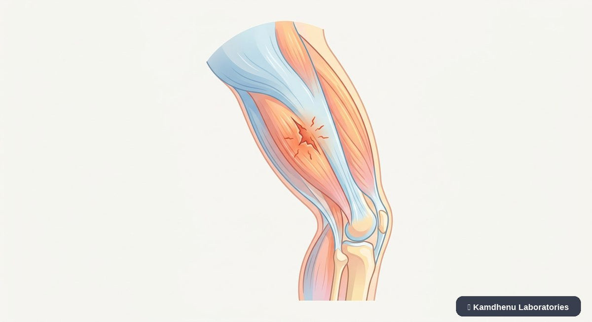 Editorial illustration representing Muscle strain for the Kamdhenu Laboratories educational wellness blog.