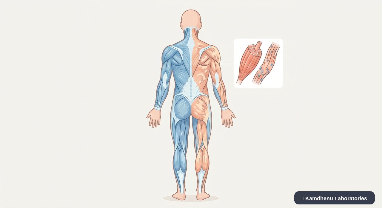 Editorial illustration representing Muscular dystrophy for the Kamdhenu Laboratories educational wellness blog.