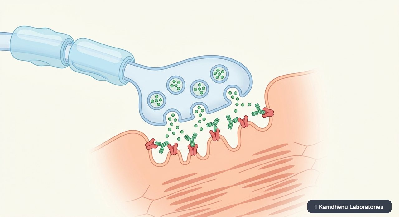 Editorial illustration representing Myasthenia gravis for the Kamdhenu Laboratories educational wellness blog.