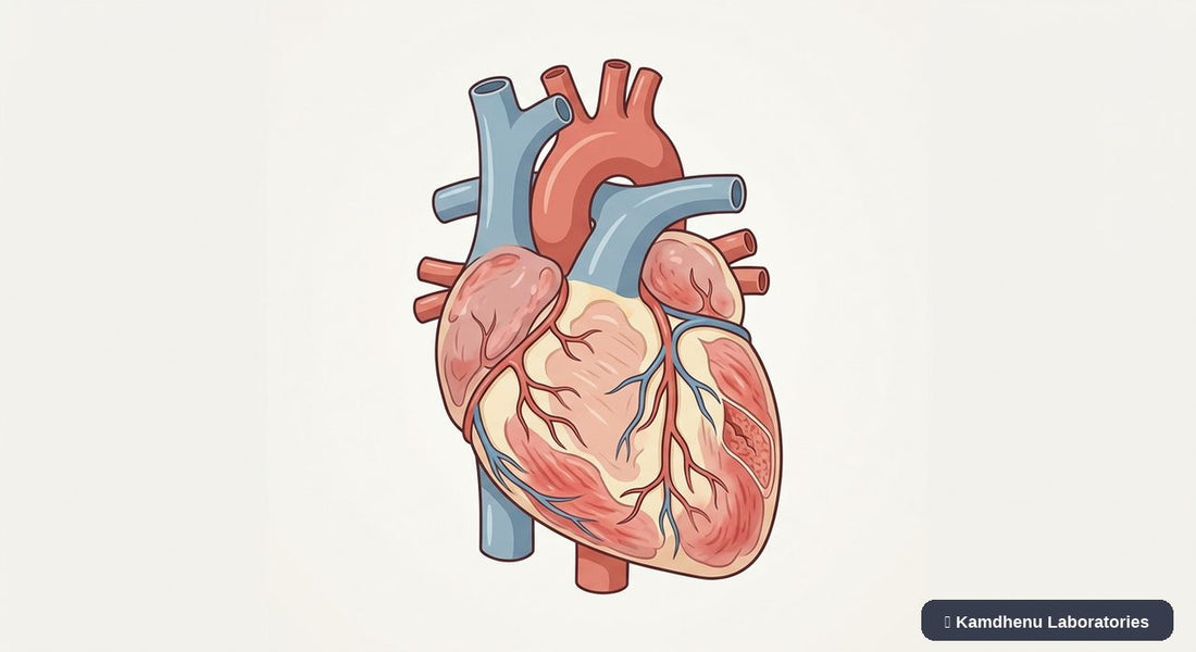 Editorial illustration representing Myocarditis for the Kamdhenu Laboratories educational wellness blog.
