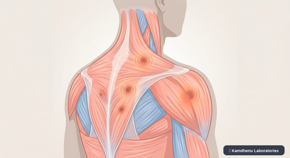 Editorial illustration representing Myofascial pain syndrome for the Kamdhenu Laboratories educational wellness blog.