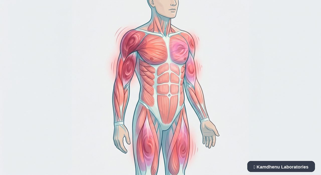 Editorial illustration representing Myositis for the Kamdhenu Laboratories educational wellness blog.
