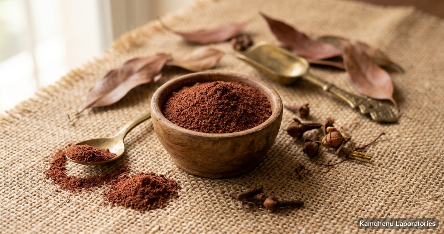 Ayurvedic powder — Nagkesar Powder featuring kesar, photographed in a wellness setting