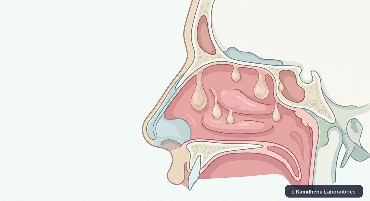 Editorial illustration representing Nasal polyps for the Kamdhenu Laboratories educational wellness blog.