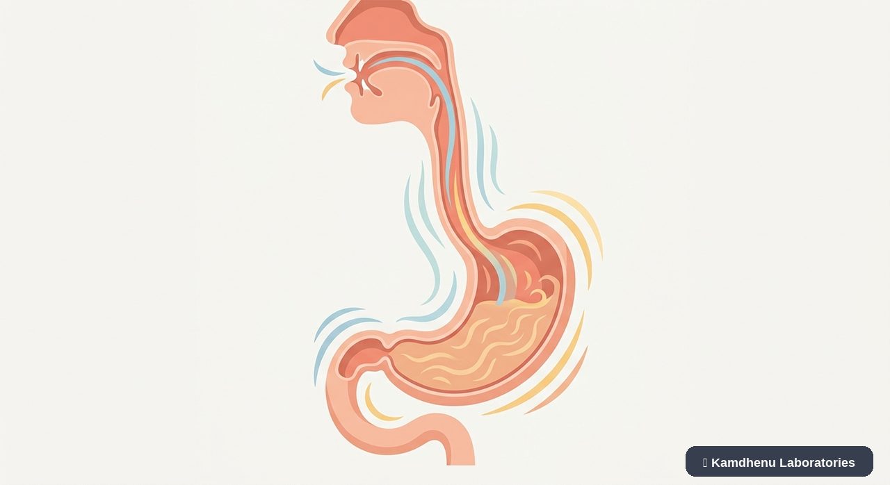 Editorial illustration representing Nausea and vomiting for the Kamdhenu Laboratories educational wellness blog.