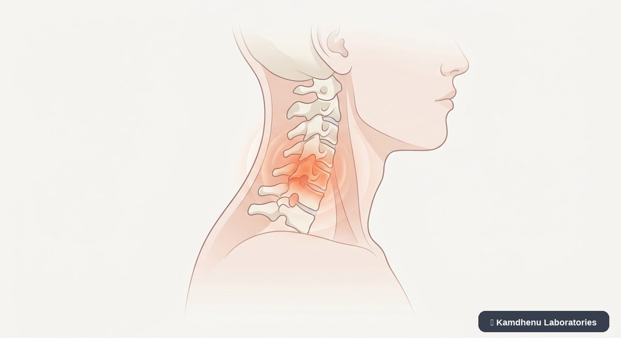 Editorial illustration representing Neck pain for the Kamdhenu Laboratories educational wellness blog.