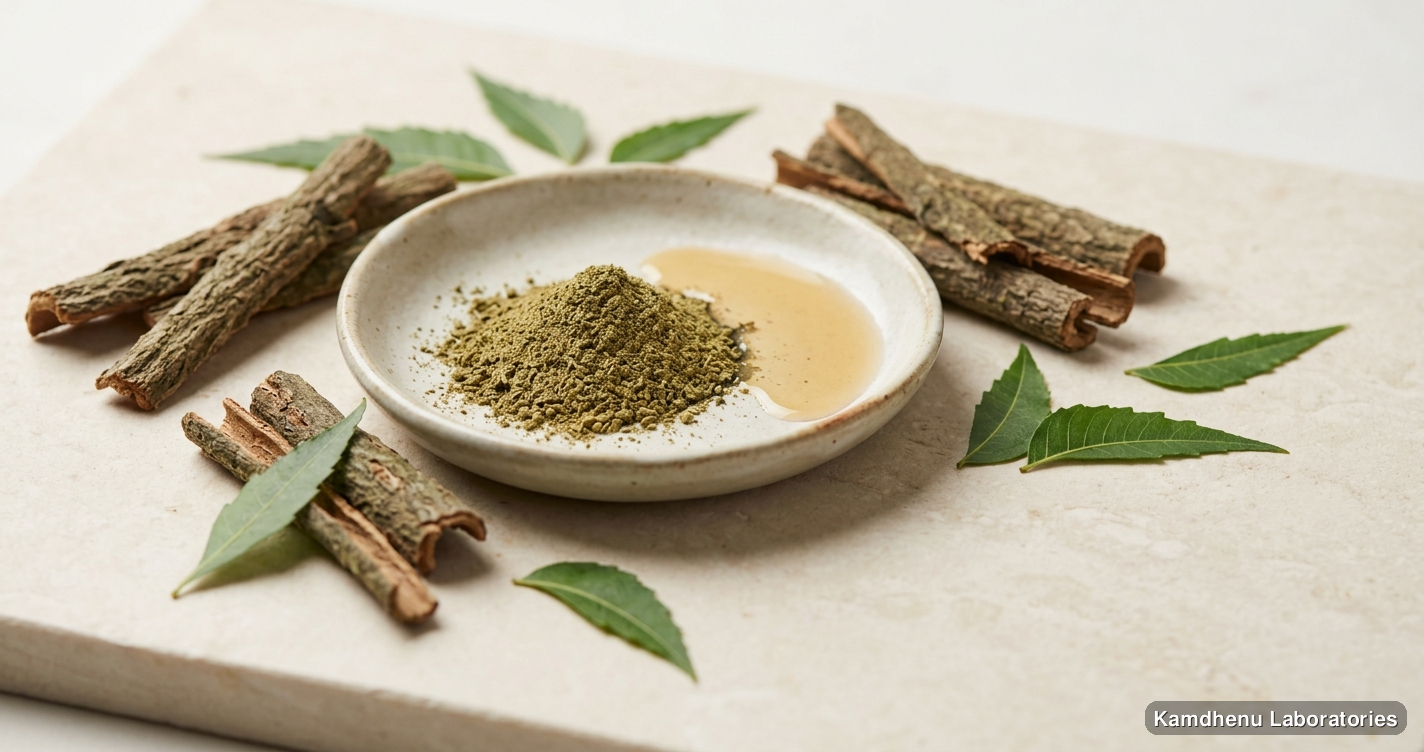 Neem Bark Powder — Ayurvedic powder containing neem. Clean product photograph on a soft light background.