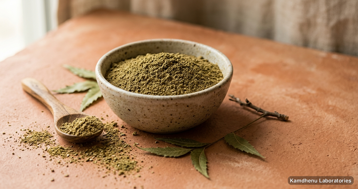 Ayurvedic powder — Neem Bark Powder featuring neem, photographed in a wellness setting