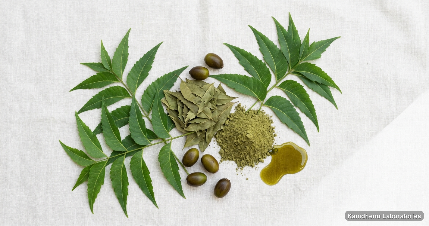 Neem Patra Powder — Ayurvedic powder containing neem. Clean product photograph on a soft light background.