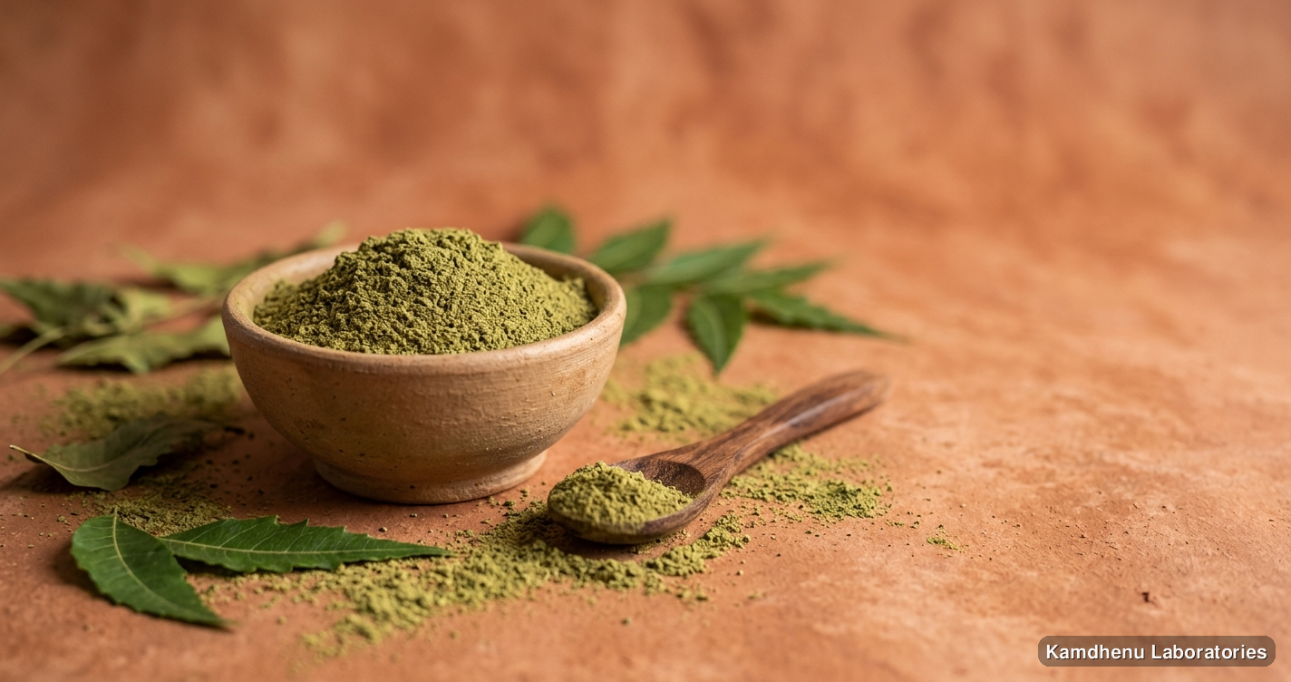 Ayurvedic powder — Neem Patra Powder featuring neem, photographed in a wellness setting