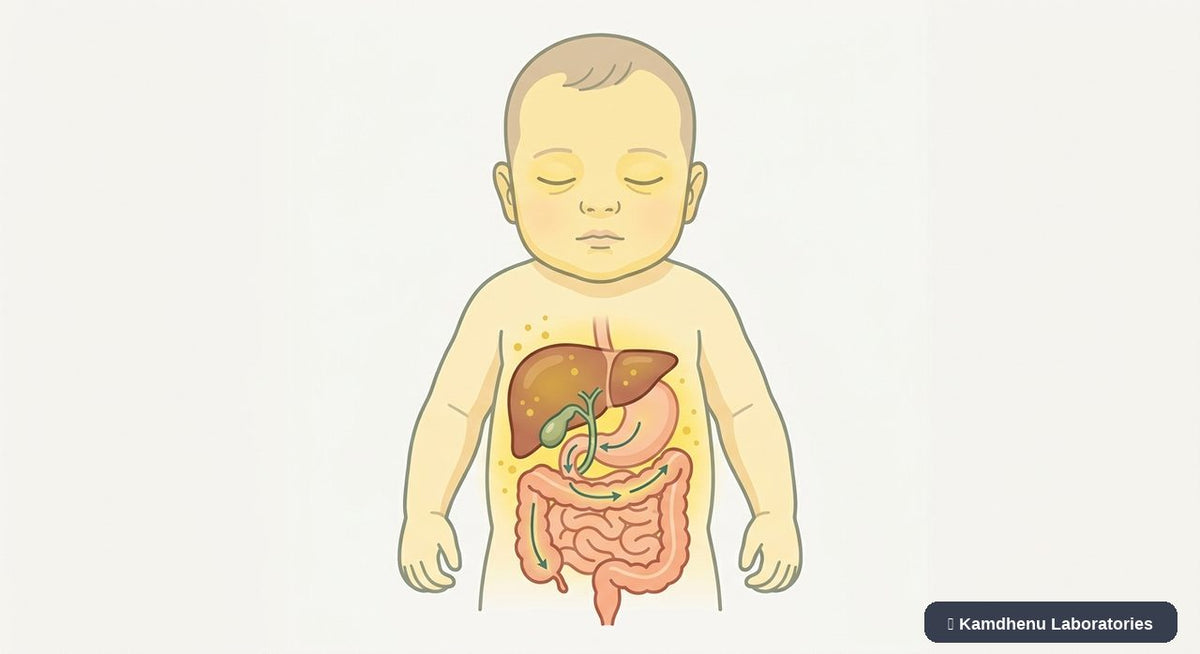 Editorial illustration representing Neonatal jaundice for the Kamdhenu Laboratories educational wellness blog.