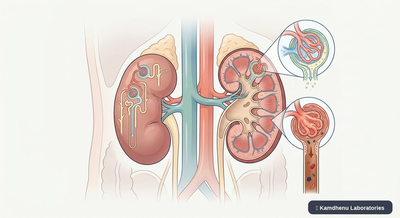 Editorial illustration representing Nephritic syndrome for the Kamdhenu Laboratories educational wellness blog.
