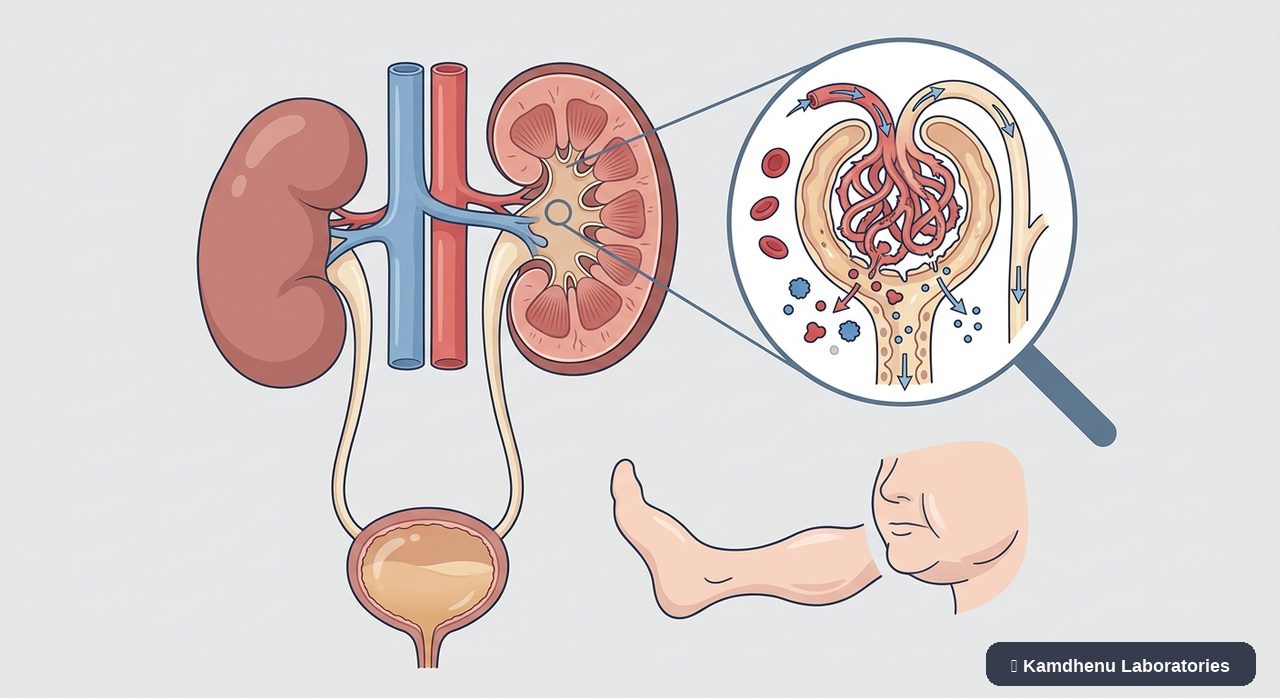 Editorial illustration representing Nephrotic syndrome for the Kamdhenu Laboratories educational wellness blog.