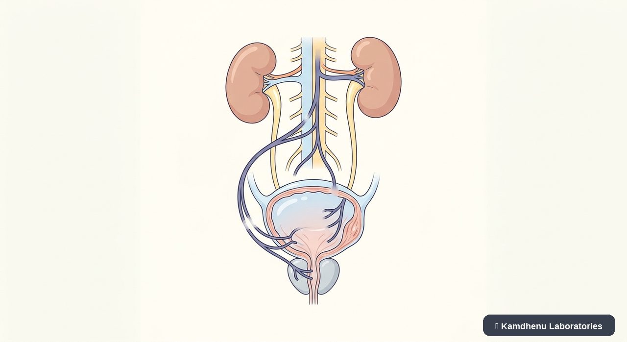 Editorial illustration representing Neurogenic bladder for the Kamdhenu Laboratories educational wellness blog.