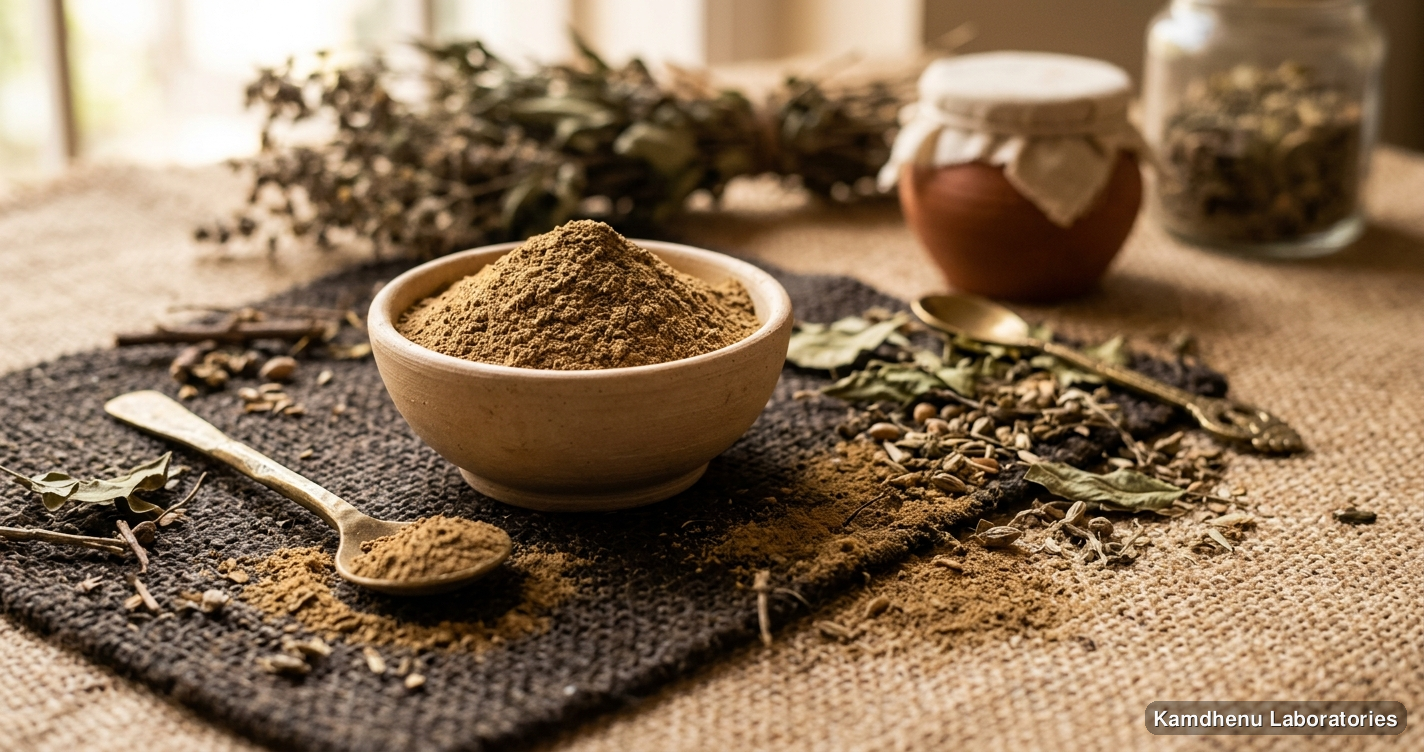 Ayurvedic powder — Nirgundi Powder, photographed in a wellness setting