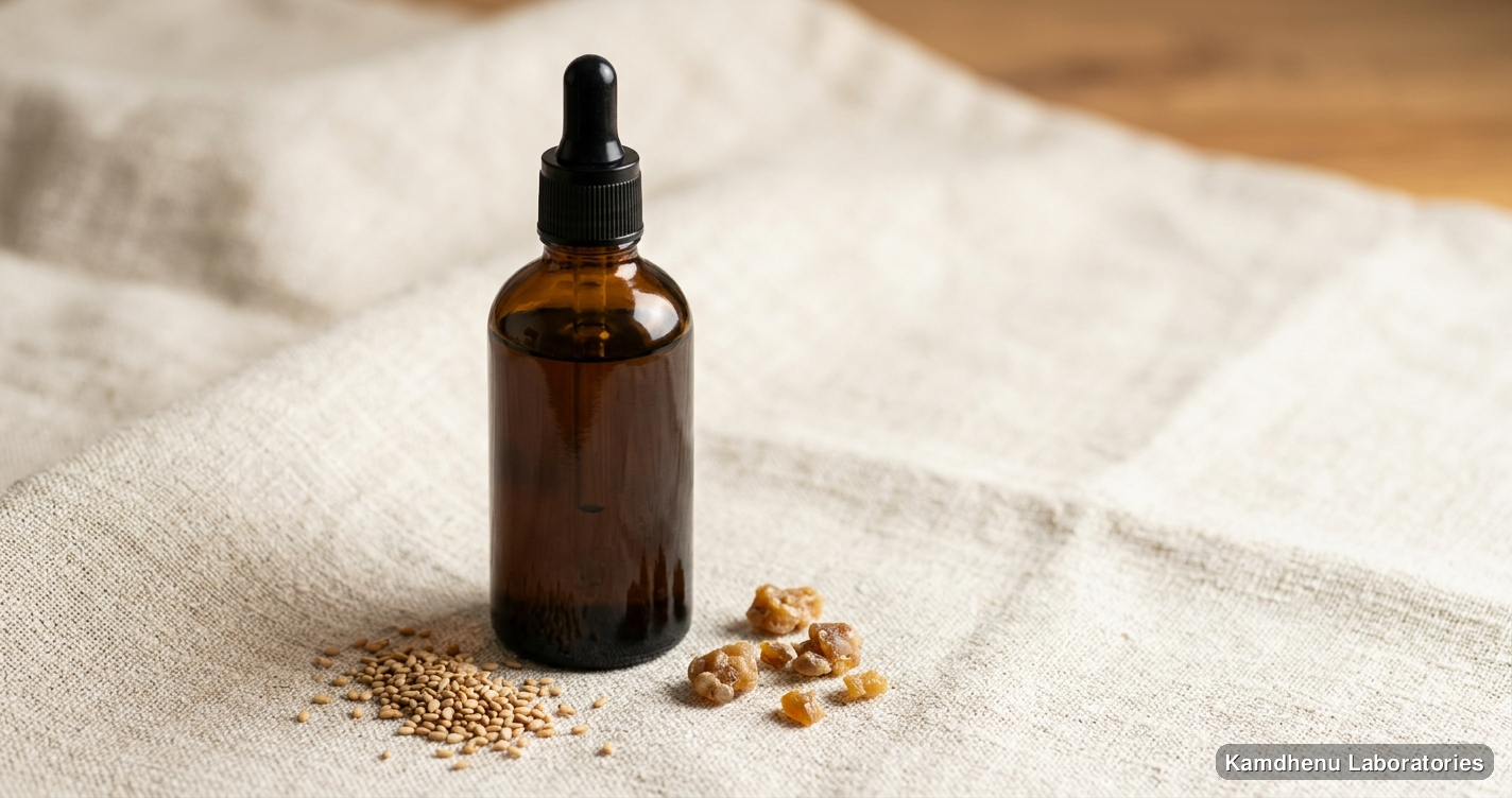 Ayurvedic oil — Nirgundi Taila - 100ML featuring til, hing, photographed in a wellness setting