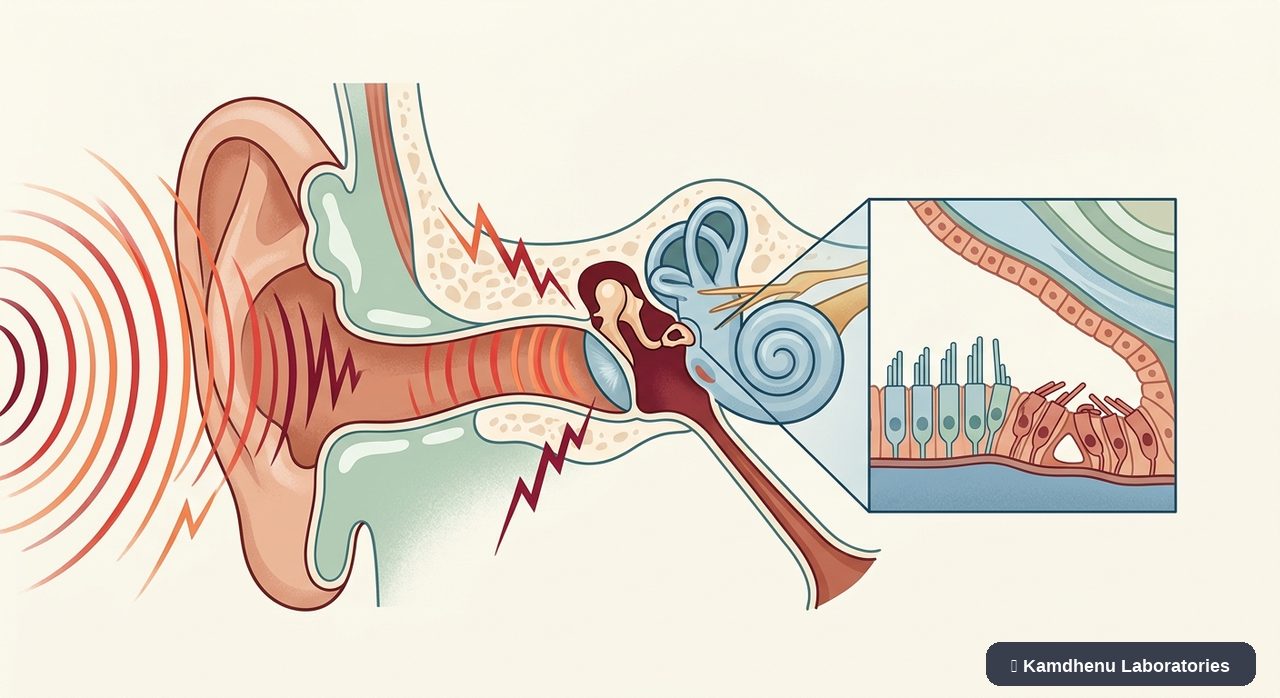 Editorial illustration representing Noise-induced hearing loss for the Kamdhenu Laboratories educational wellness blog.